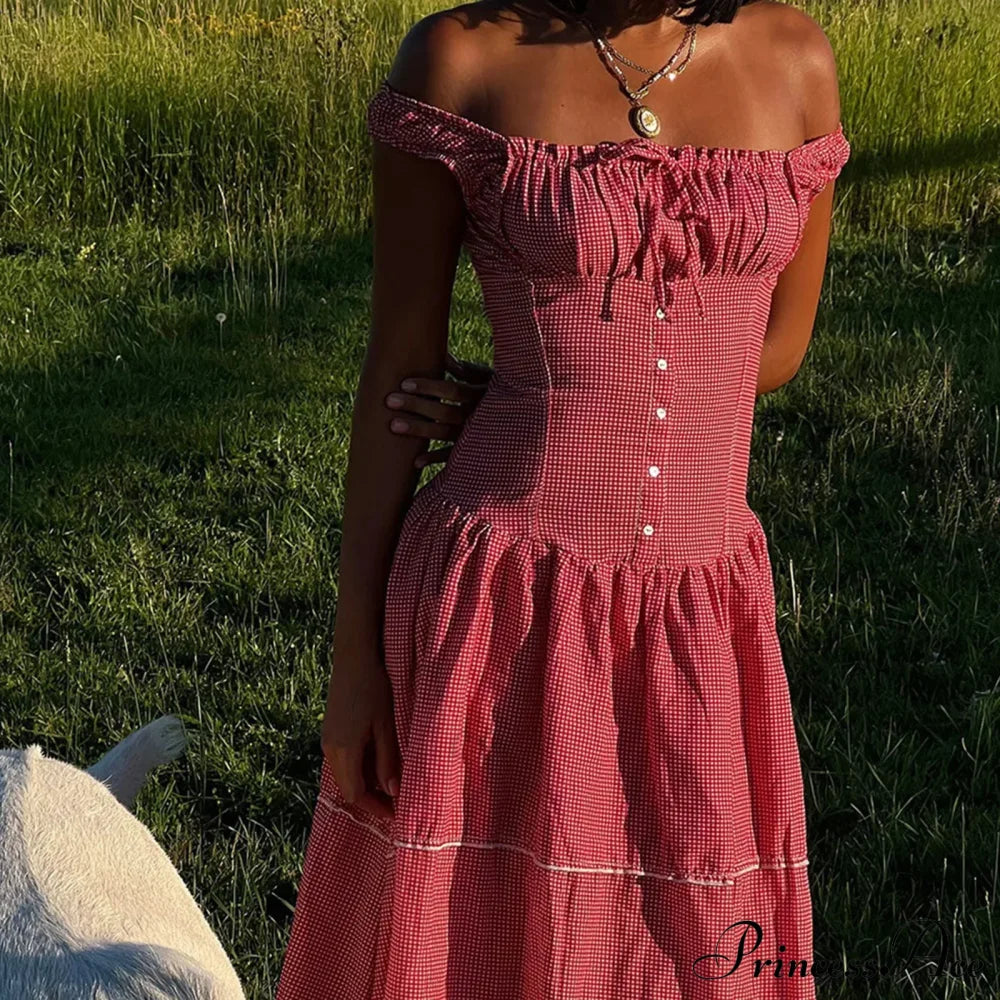 Red Plaid Stylish Maxi Dress image 3