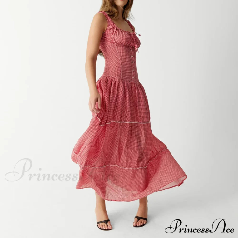 Red Plaid Stylish Maxi Dress image 2