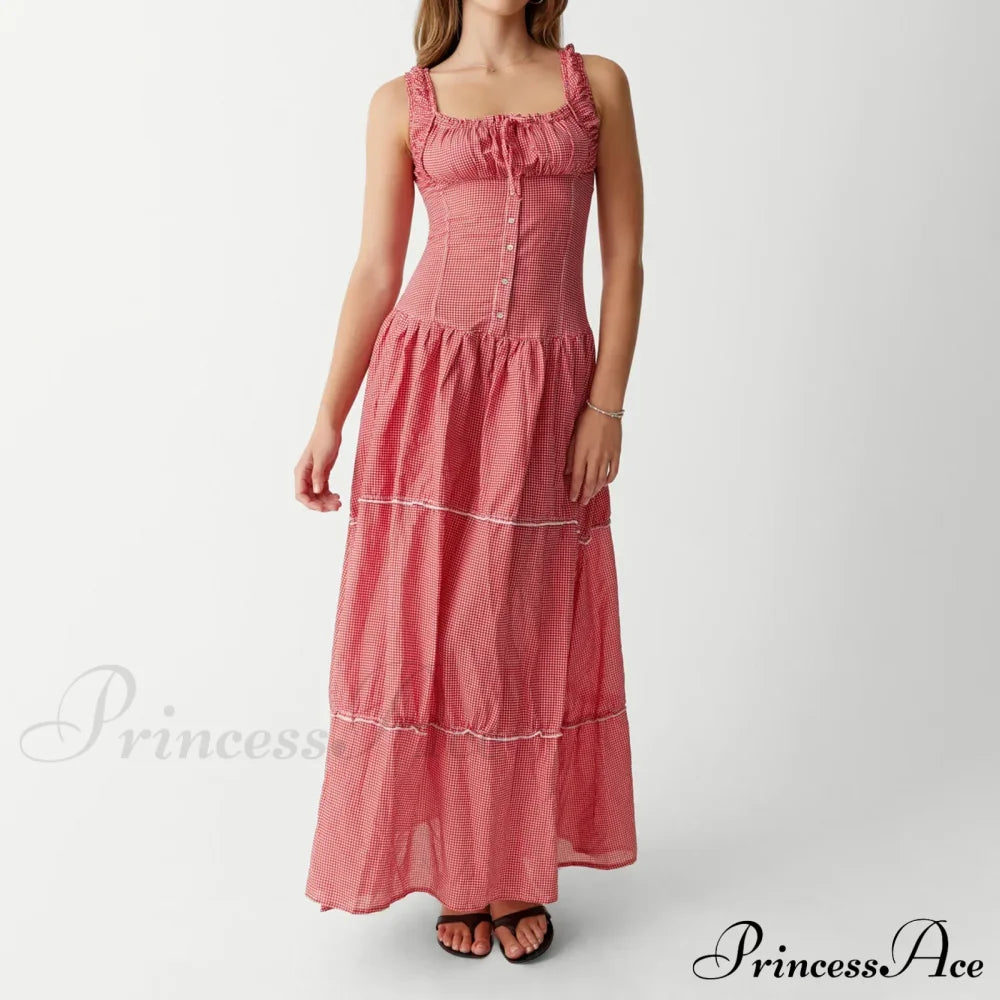 Red Plaid Stylish Maxi Dress image 1