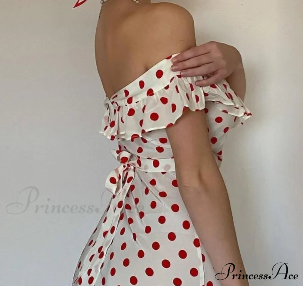 Red Polka Dot Charming Off Shoulder Maxi Dress image 5