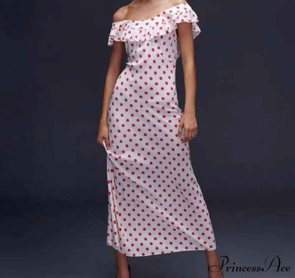 Red Polka Dot Charming Off Shoulder Maxi Dress image 3
