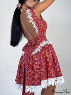Red Printed Stylish Backless Mini Dress image 2