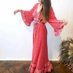 Red Rayon Floral Print V-neck Adjustable Belt Boho Dress image 1