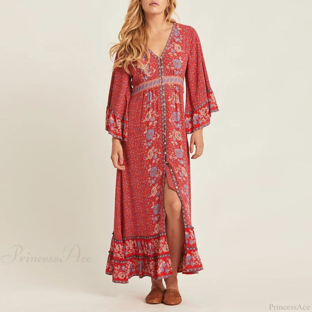 Red Rayon Floral Print V-neck Adjustable Belt Boho Dress image 4