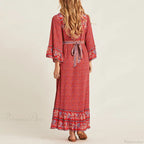 Red Rayon Floral Print V-neck Adjustable Belt Boho Dress image 5