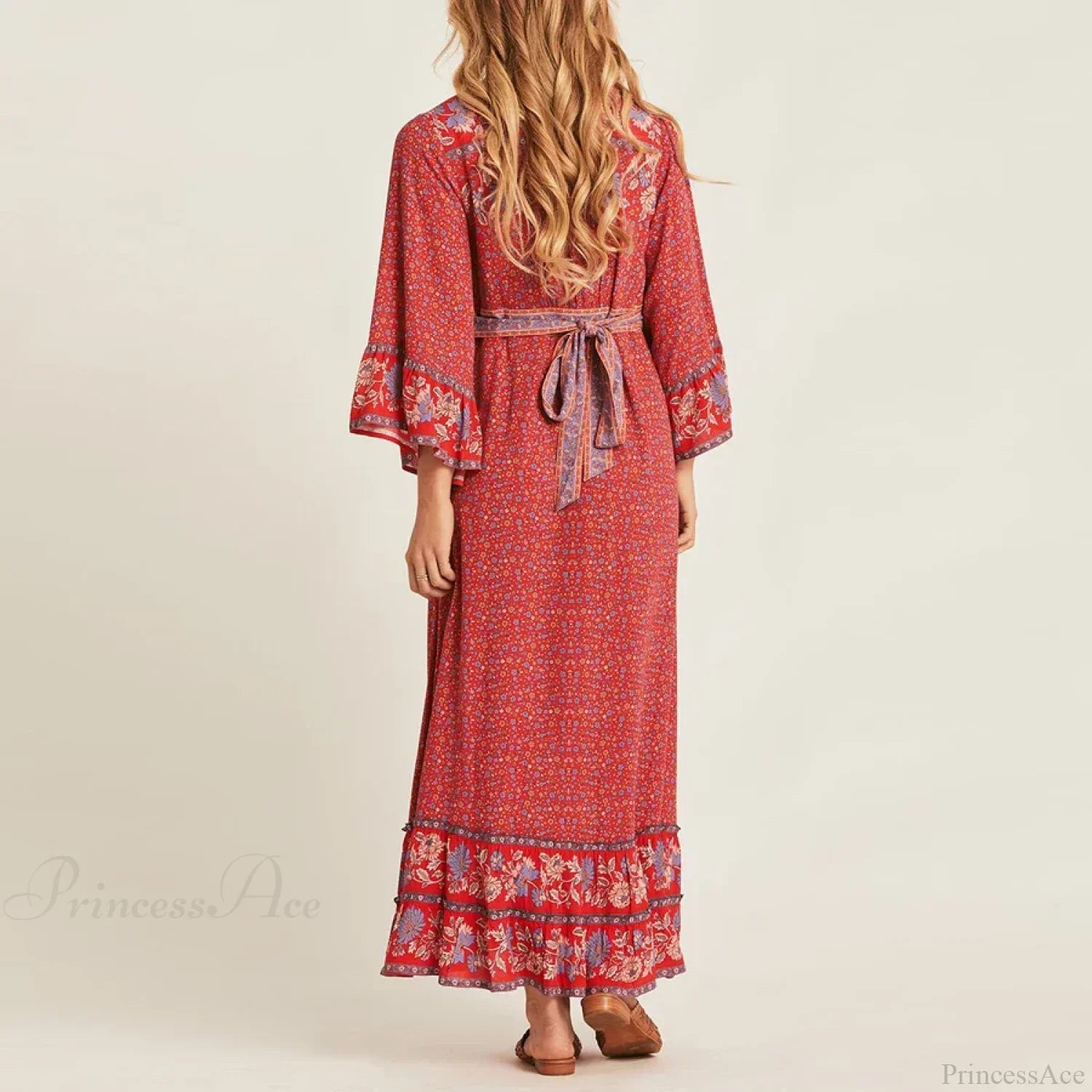 Red Rayon Floral Print V-neck Adjustable Belt Boho Dress image 5