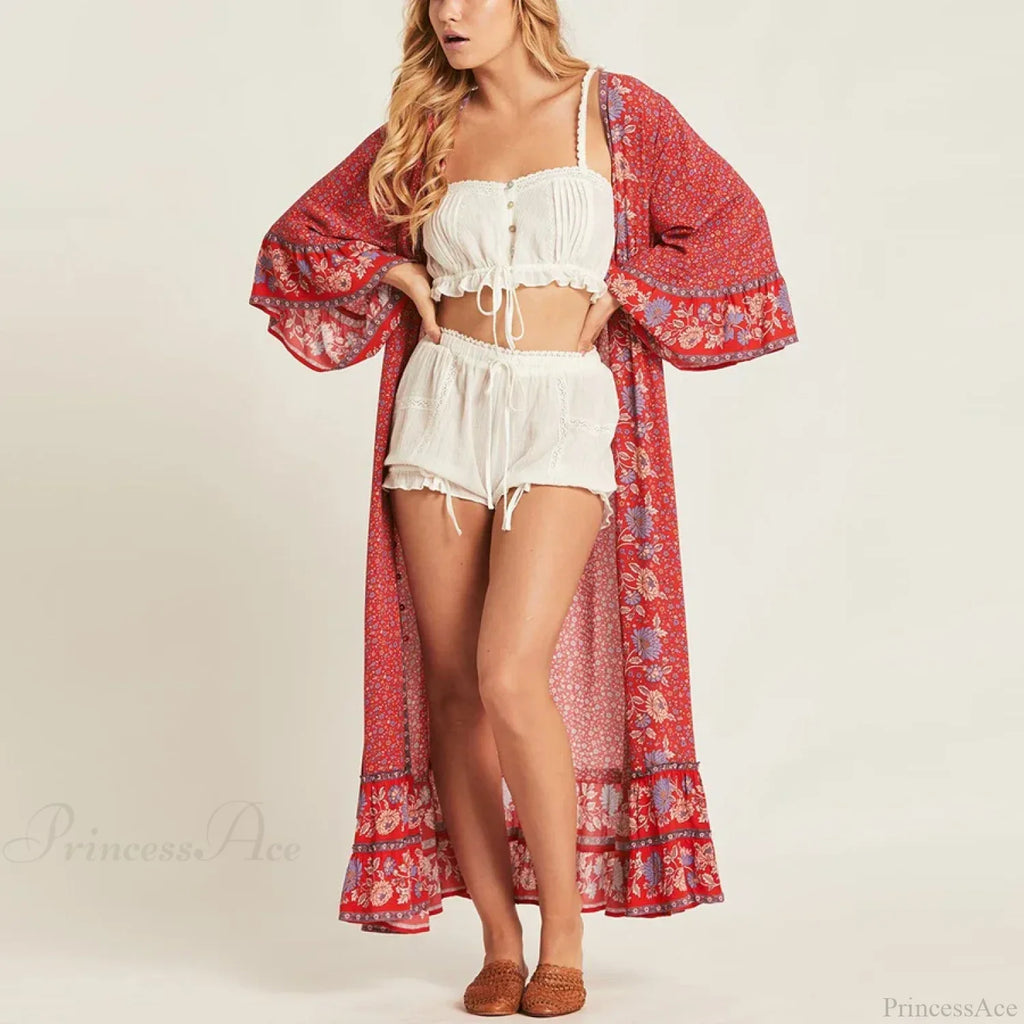 Red Rayon Floral Print V-neck Adjustable Belt Boho Dress image 6
