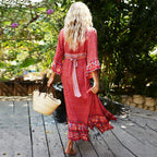 Red Rayon Floral Print V-neck Adjustable Belt Boho Dress image 3