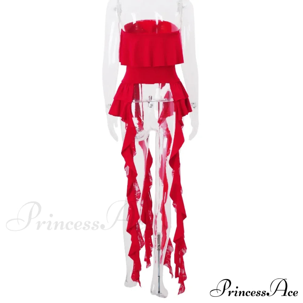Red Ruffled Lace Charming Up Tube Top image 5