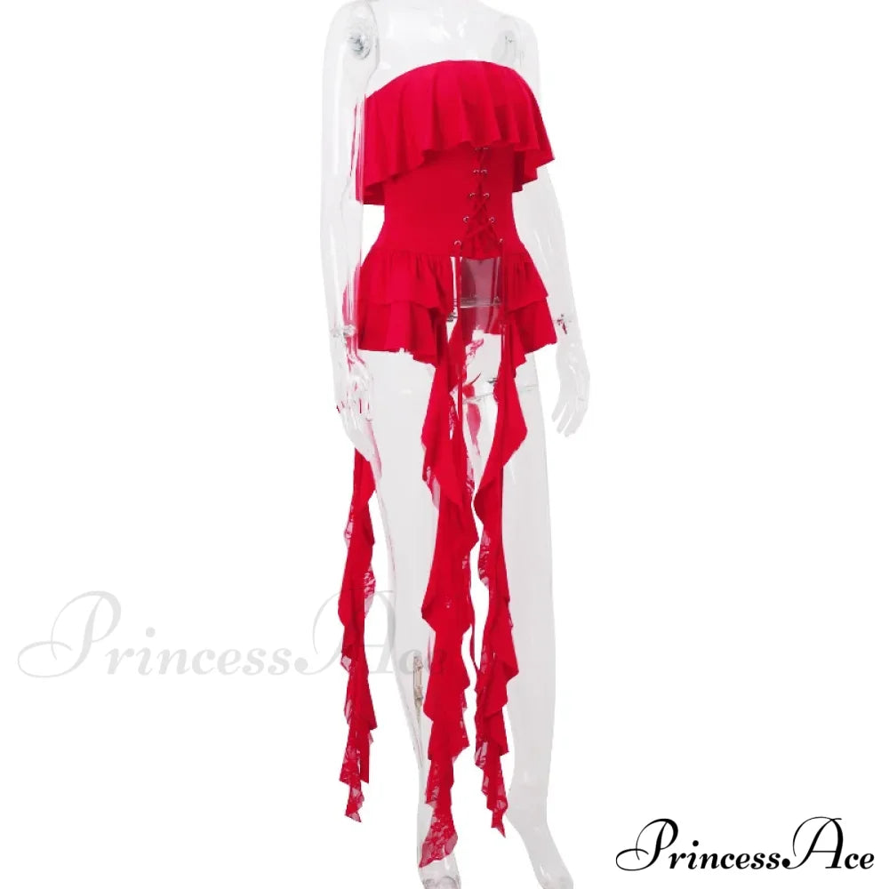 Red Ruffled Lace Charming Up Tube Top image 4