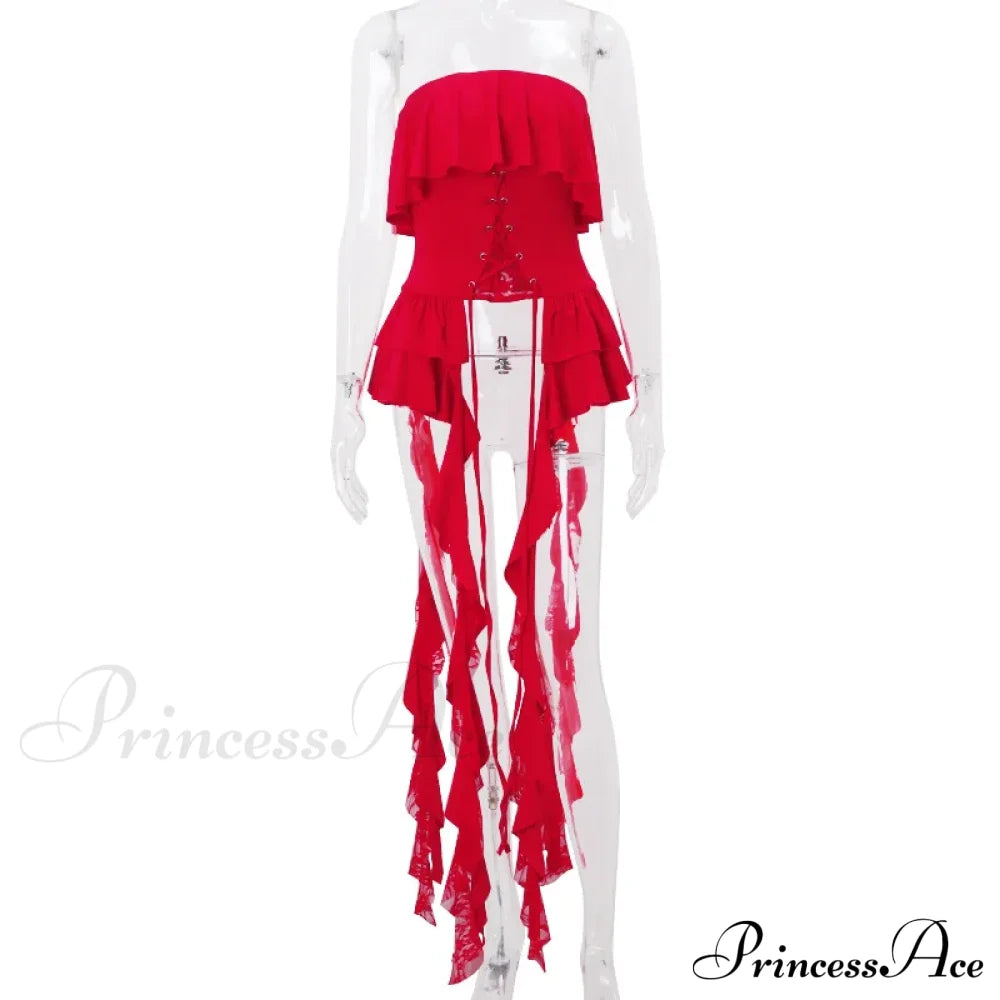 Red Ruffled Lace Charming Up Tube Top image 3