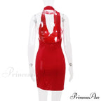 Red Sequin Deep V-neck Graceful Halter Bandage Mini Dress image 8
