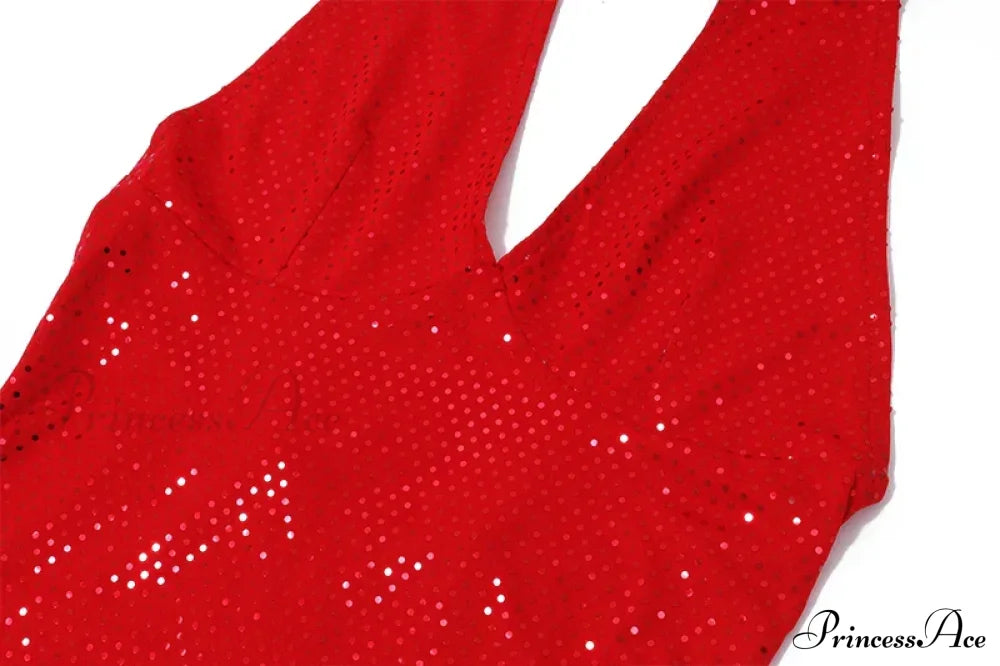 Red Sequin Deep V-neck Graceful Halter Bandage Mini Dress image 9