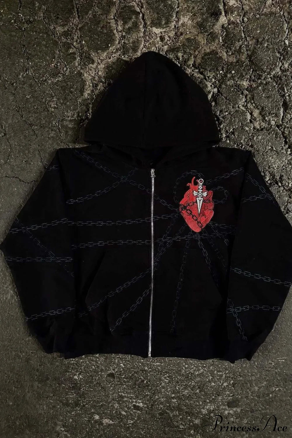 Relaxed Fit Chain Heart 3D Embroidery Print Hoodie image 2