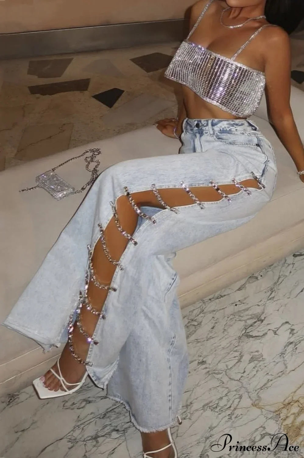 Relaxed Mid-Rise Diamond Paneled Side Cut-Out Jeans image 2