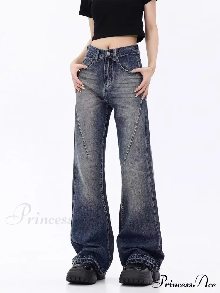 Retro Blue Slim Fit Micro Flare Spring And Autumn Loose Spliced Lines Drop Feel Trendy Jean image 1