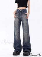 Retro Blue Slim Fit Micro Flare Spring And Autumn Loose Spliced Lines Drop Feel Trendy Jean image 1