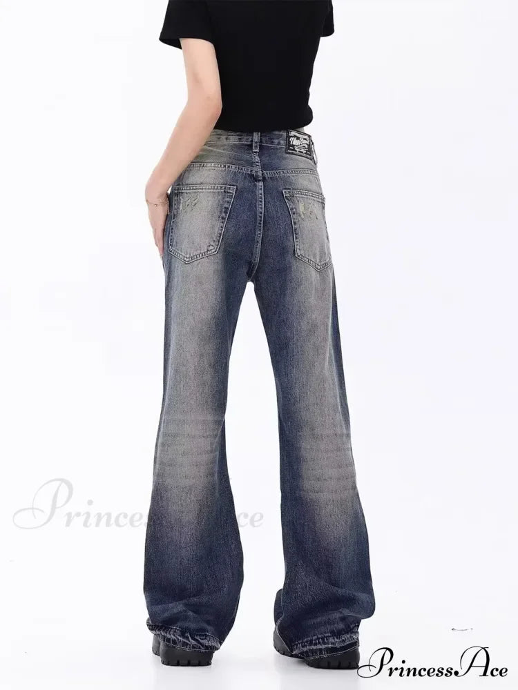 Retro Blue Slim Fit Micro Flare Spring And Autumn Loose Spliced Lines Drop Feel Trendy Jean image 5