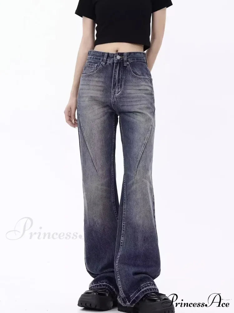 Retro Blue Slim Fit Micro Flare Spring And Autumn Loose Spliced Lines Drop Feel Trendy Jean image 4