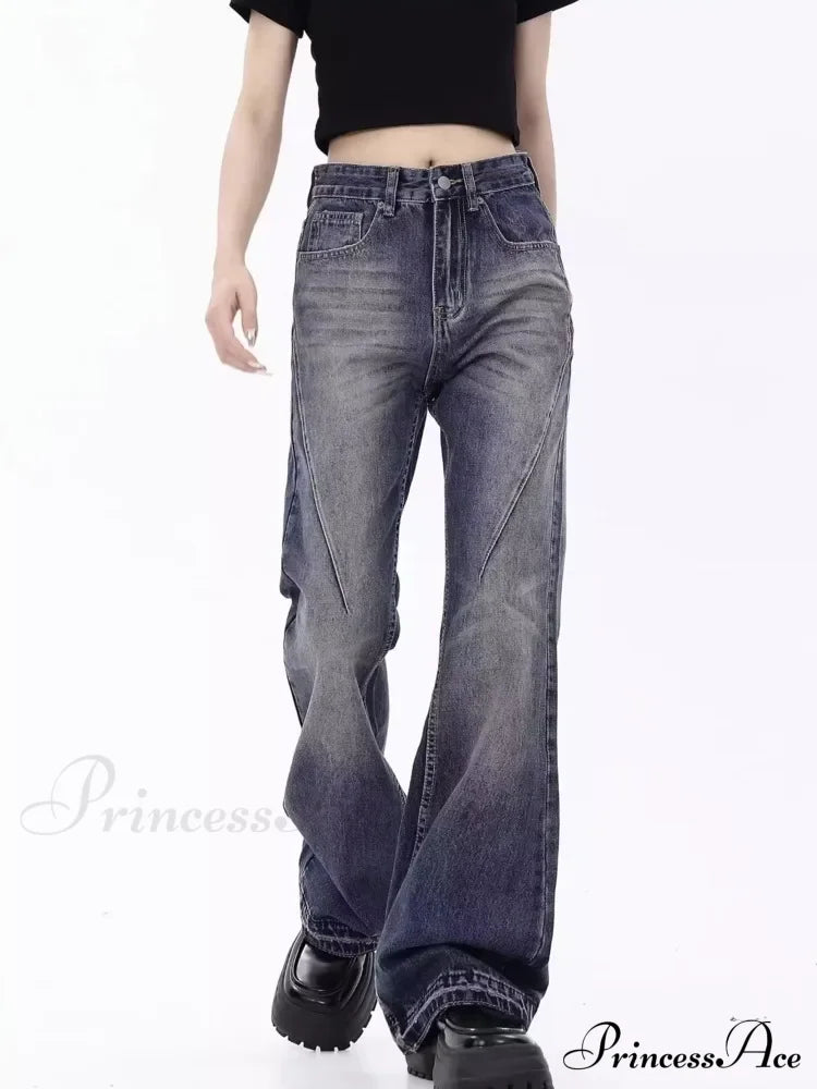 Retro Blue Slim Fit Micro Flare Spring And Autumn Loose Spliced Lines Drop Feel Trendy Jean image 2