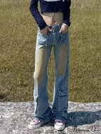 Retro Blue Slim Fit Micro Flare Spring And Autumn Loose Spliced Lines Drop Feel Trendy Jean image 7