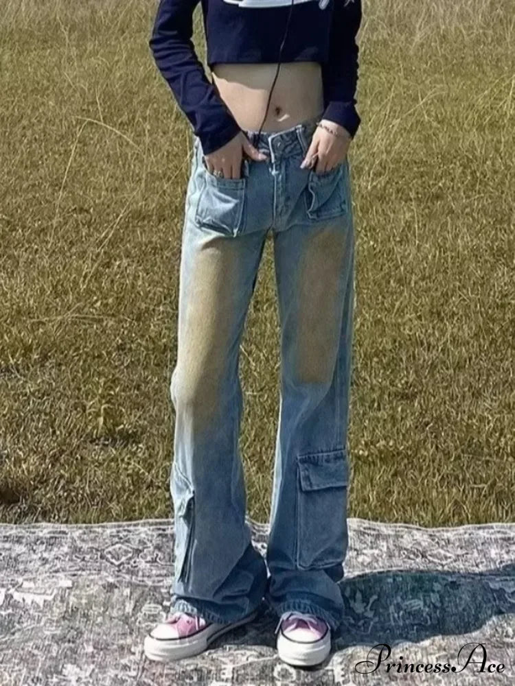 Retro Blue Slim Fit Micro Flare Spring And Autumn Loose Spliced Lines Drop Feel Trendy Jean image 7