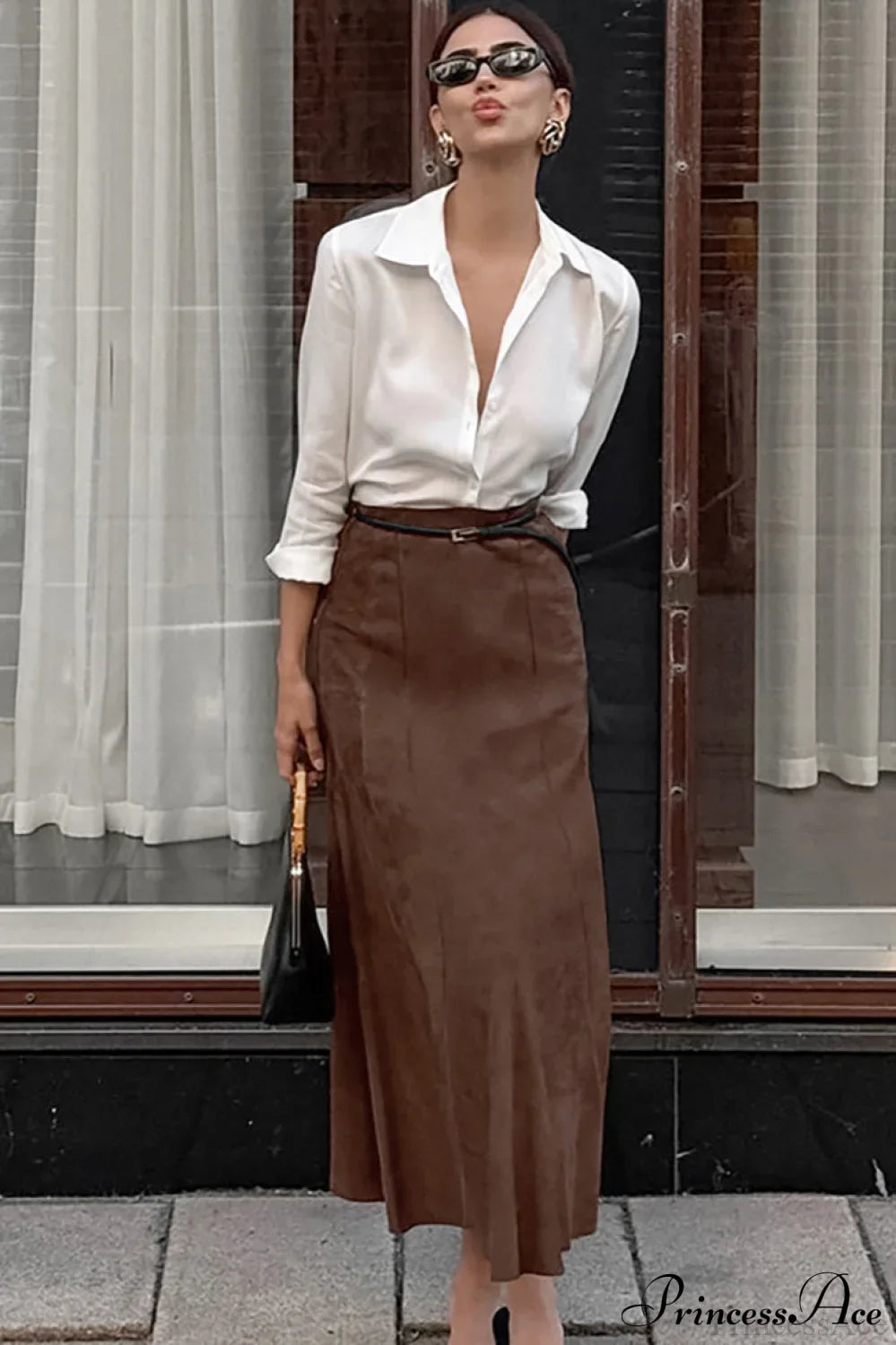 Retro Brown Suede High Waist Maxi Skirt image 2