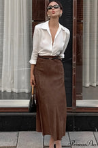 Retro Brown Suede High Waist Maxi Skirt image 2
