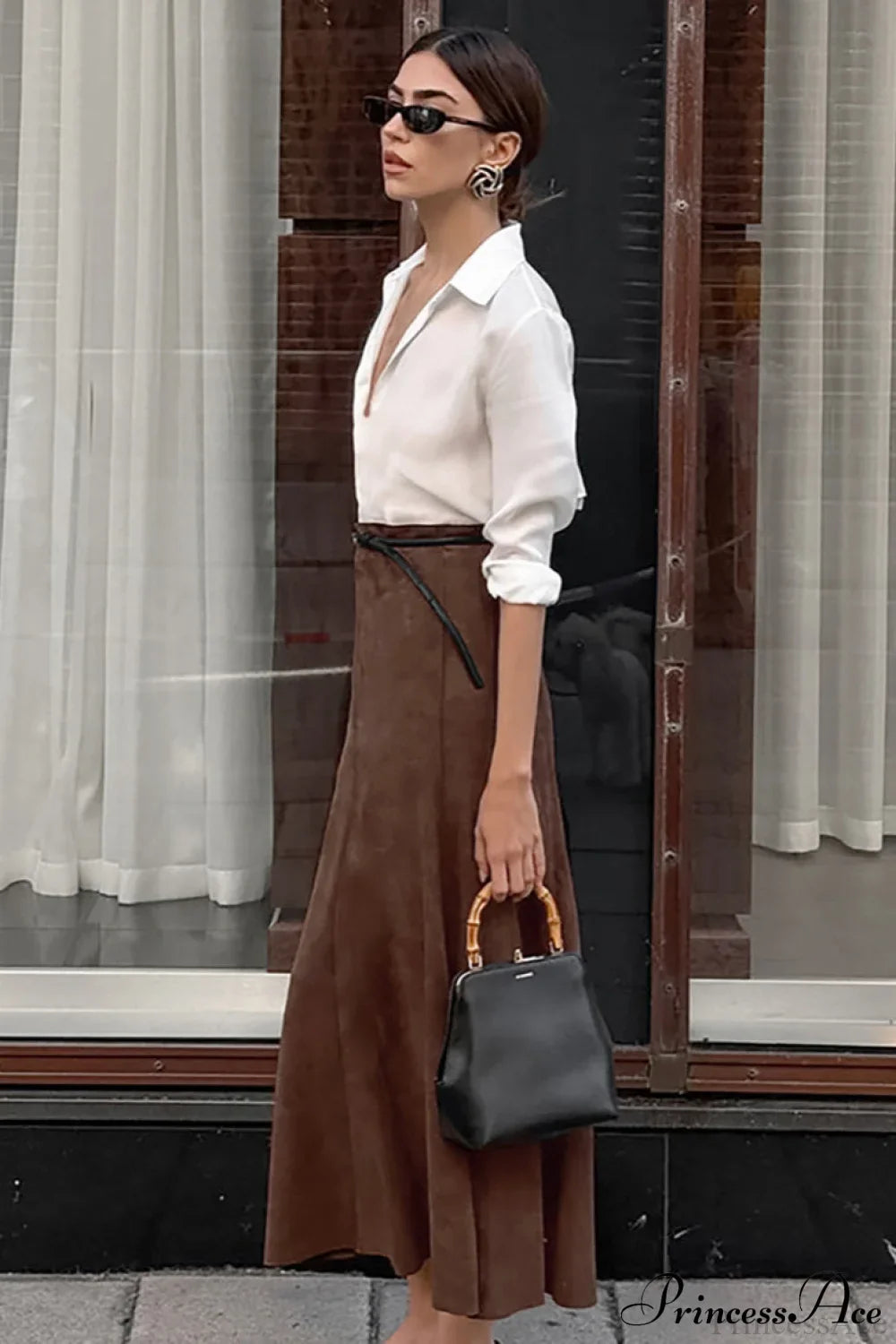 Retro Brown Suede High Waist Maxi Skirt image 3