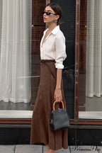 Retro Brown Suede High Waist Maxi Skirt image 3