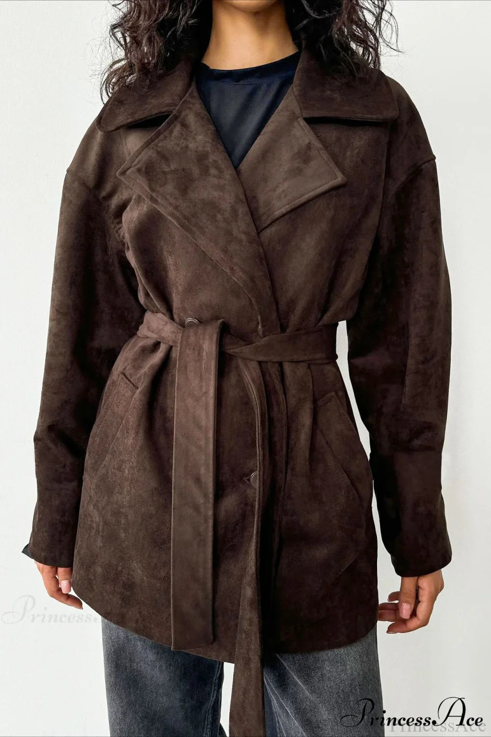 Retro Brown Suede Jacket Tied Coat image 3
