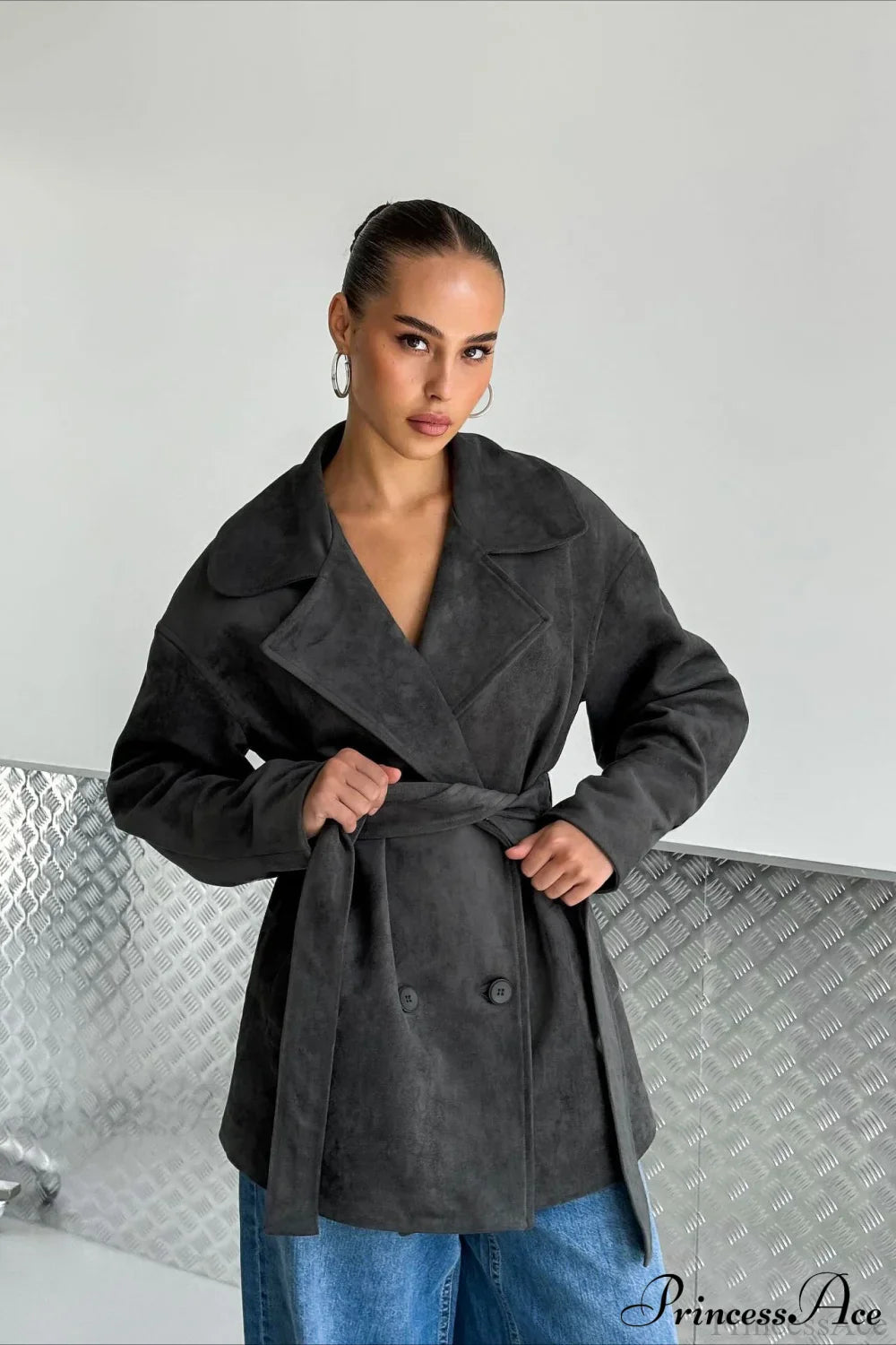 Retro Brown Suede Jacket Tied Coat image 5