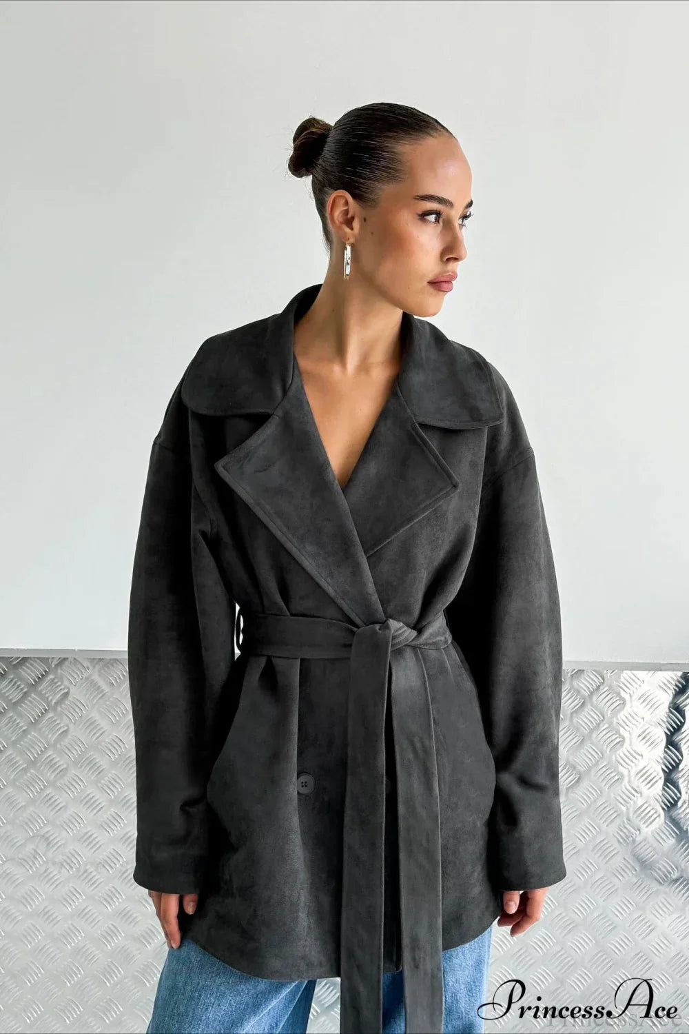 Retro Brown Suede Jacket Tied Coat image 6