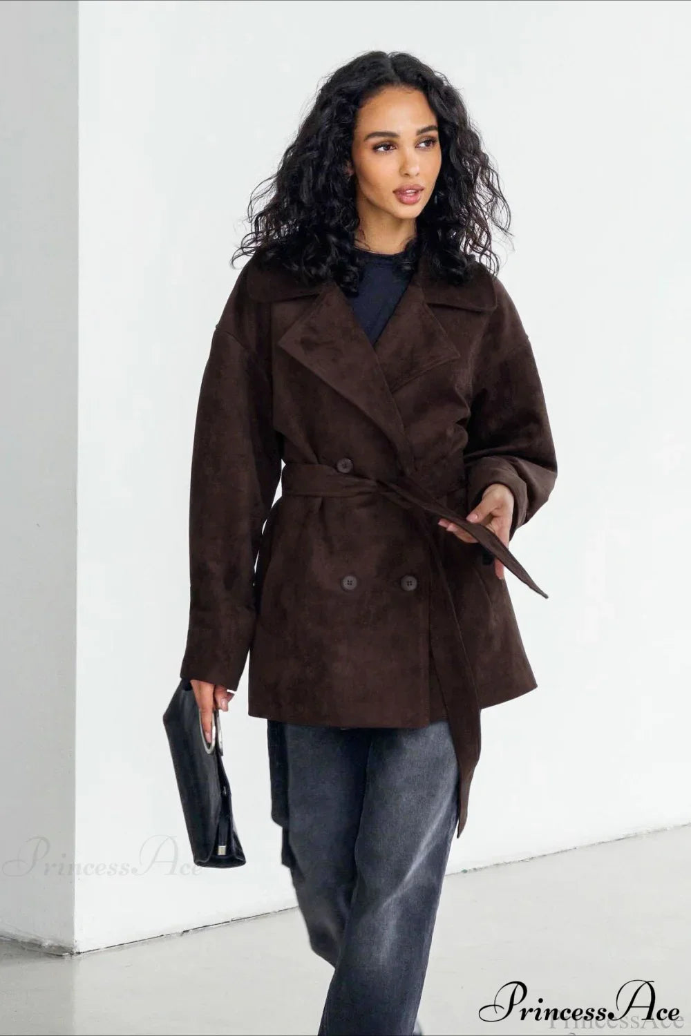 Retro Brown Suede Jacket Tied Coat image 2