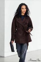 Retro Brown Suede Jacket Tied Coat image 2