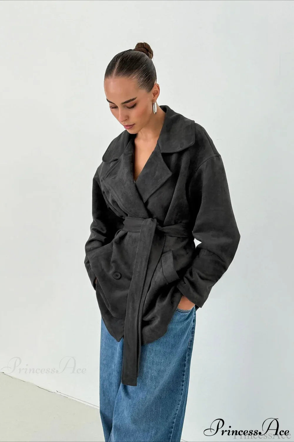 Retro Brown Suede Jacket Tied Coat image 4