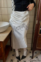 Retro Color Block Lace Panel Slim Skirt image 2