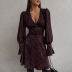 Retro Deep V Long-Sleeved Floral Dress image 2