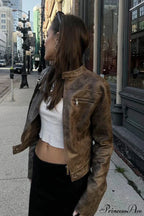 Retro Distressed Coffee Cropped Stand-Collar PU Jacket image 4