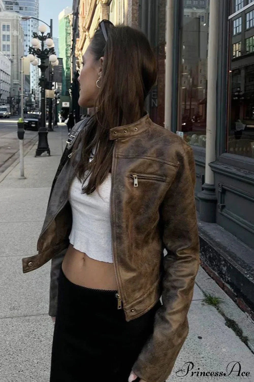 Retro Distressed Coffee Cropped Stand-Collar PU Jacket image 4