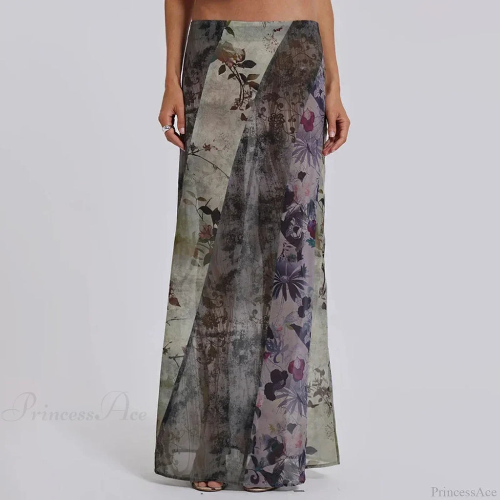 Retro Floral Print Long Patchwork Mesh Low Rise Skirt image 2