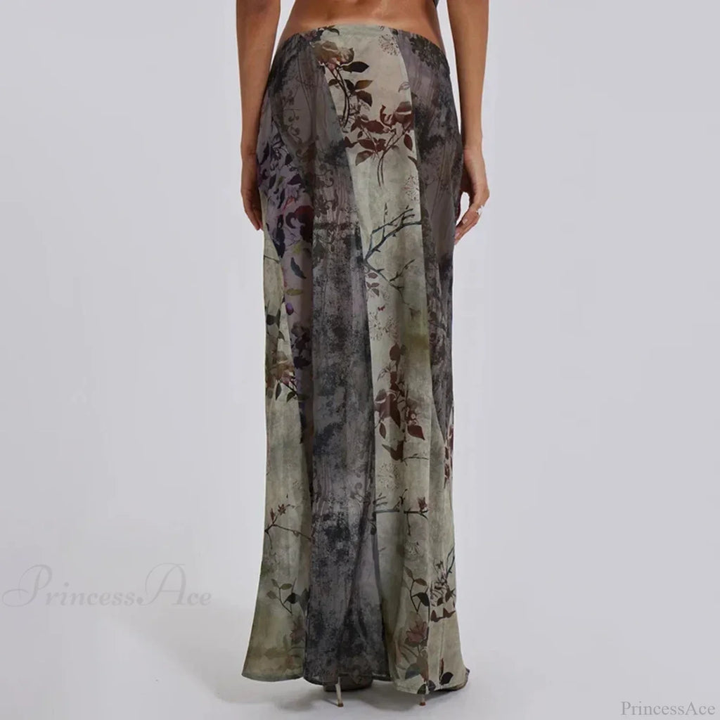 Retro Floral Print Long Patchwork Mesh Low Rise Skirt image 4