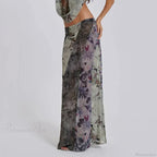 Retro Floral Print Long Patchwork Mesh Low Rise Skirt image 3