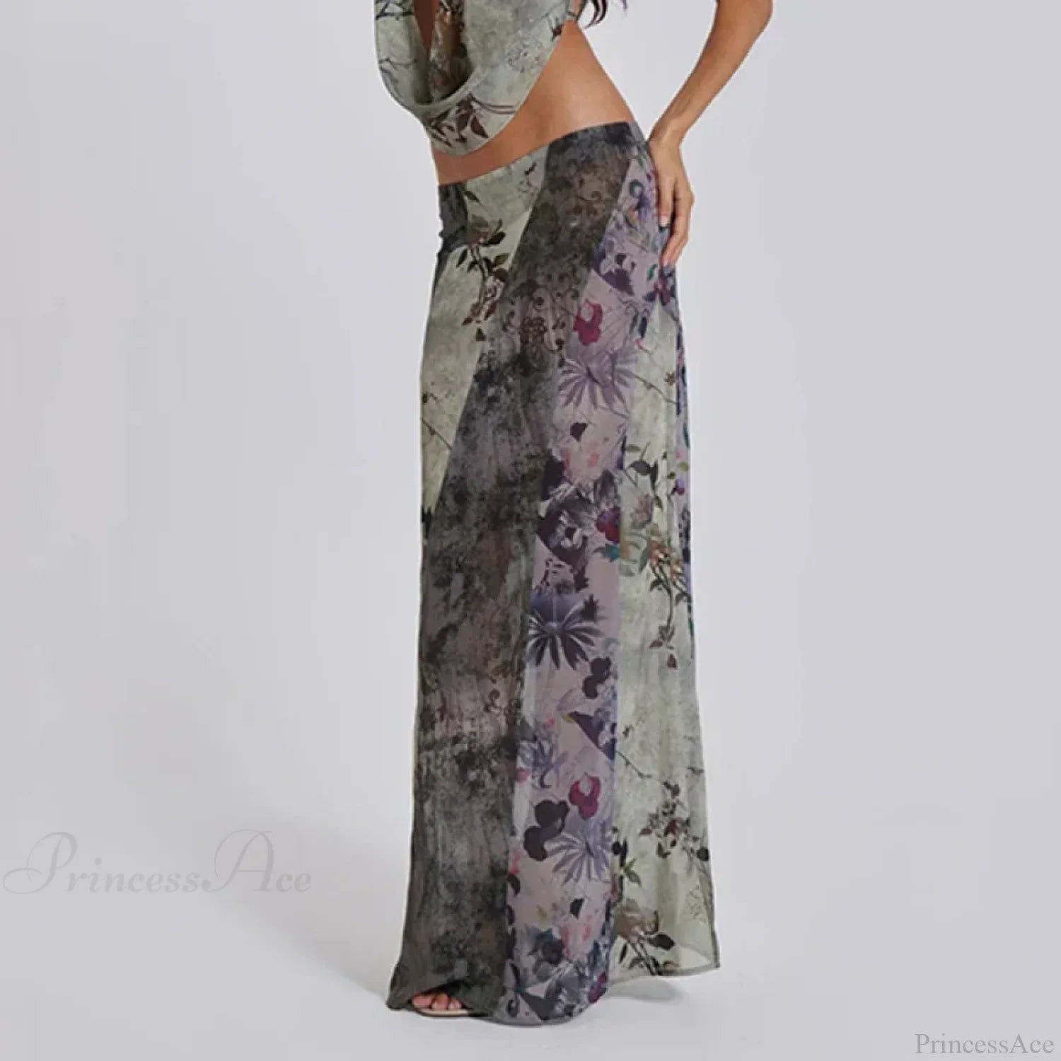 Retro Floral Print Long Patchwork Mesh Low Rise Skirt image 3