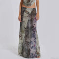 Retro Floral Print Long Patchwork Mesh Low Rise Skirt image 1