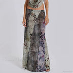 Retro Floral Print Long Patchwork Mesh Low Rise Skirt image 1