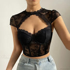 Retro Flower Lace Fishbone V-neck Crop Top image 4