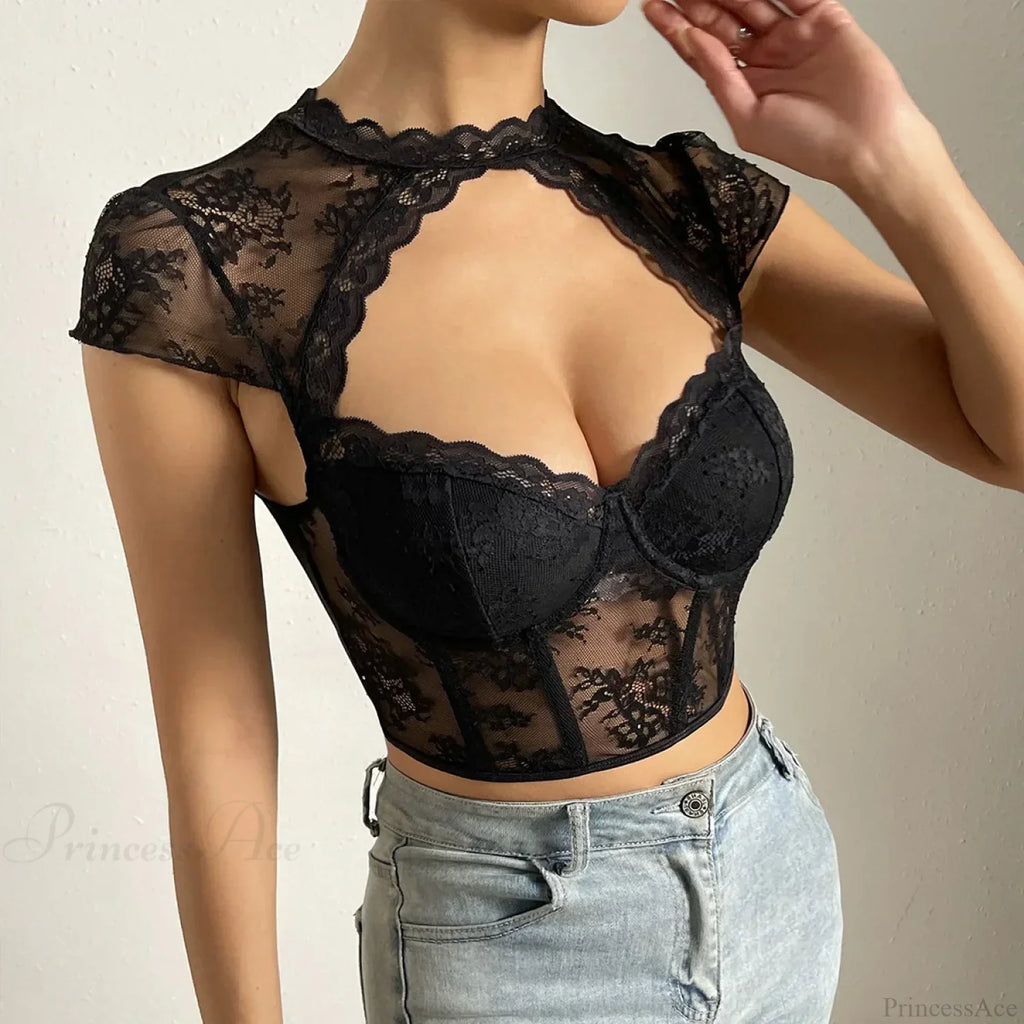 Retro Flower Lace Fishbone V-neck Crop Top image 5