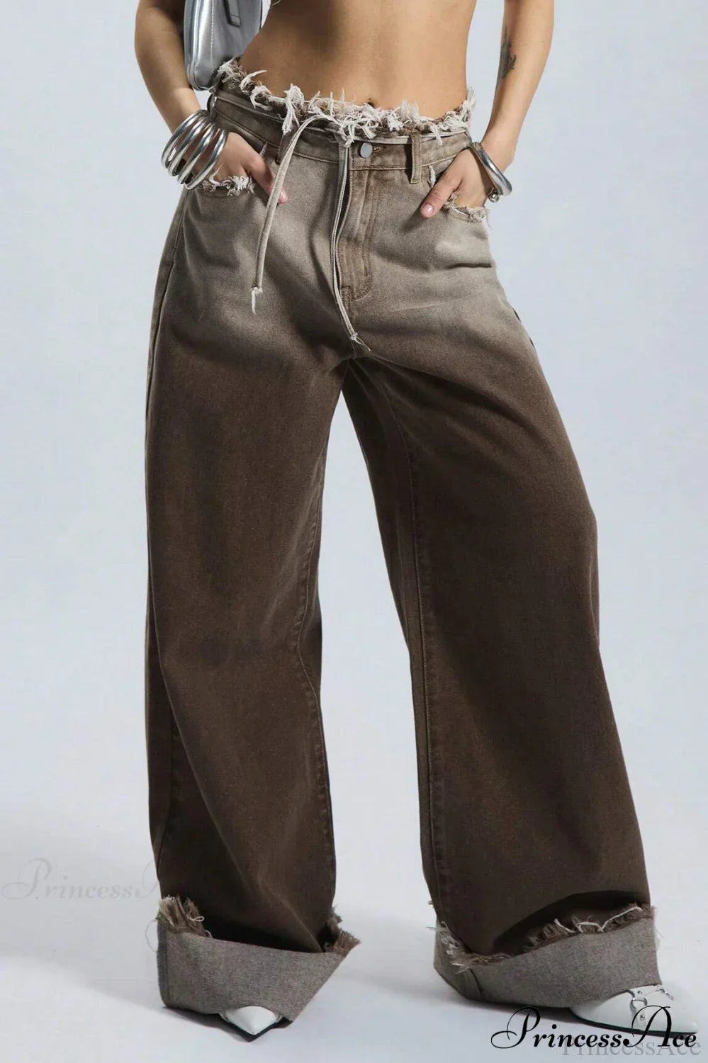 Retro Frayed Waist Ombre Straight Wide Leg Jeans image 4