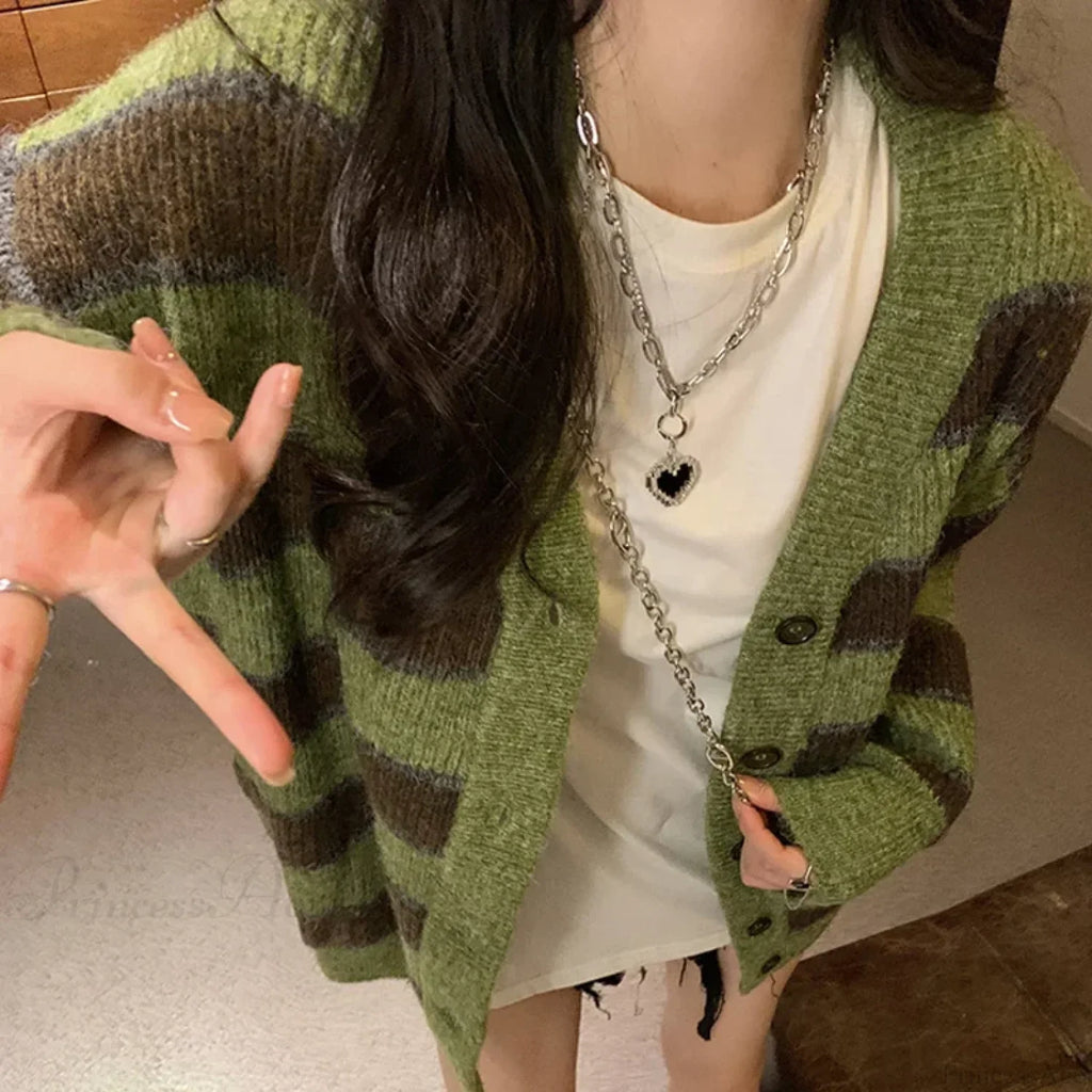 Retro Green Stripe V-Neck Single Breasted Cardigan image 3